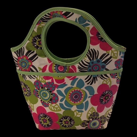 Floral Handled, Zip Top, Insulated W Pocket Lunch Medication Bag 13"Lx12"Wx4"D - Picture 7 of 12